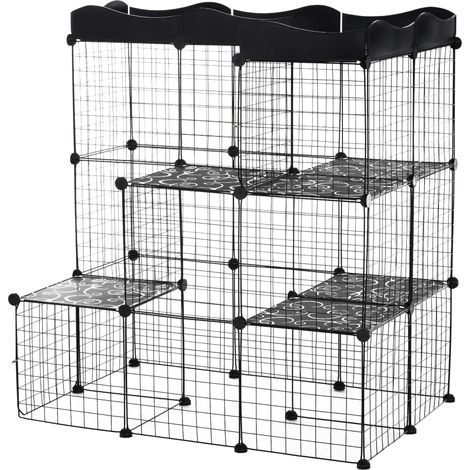 Enclos de jeu en cage PawHut pour petits animaux (chats, lapins), structure modulaire à trois niveaux, conception à double porte, avec rampe en fil de fer, dimensions : 105 x 70 x 116 cm, noir. (1/5)
