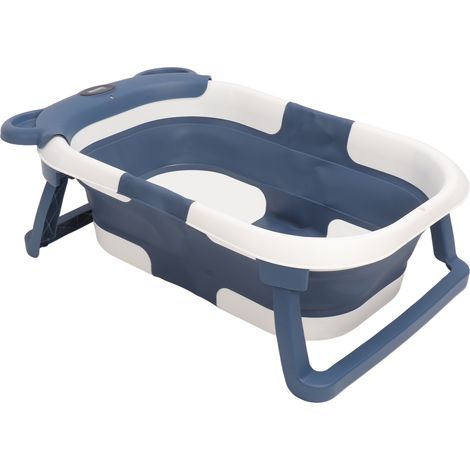 Baignoire bébé pliable avec tapis de suspension antidérapant, capteur de température et trou de vidange, bleu foncé (1/5)