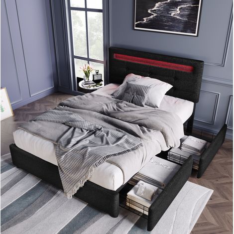 Cadre de lit simple 90x200 cm en lin noir LED avec 2 tiroirs gain de place - CHICFURN (1/5)
