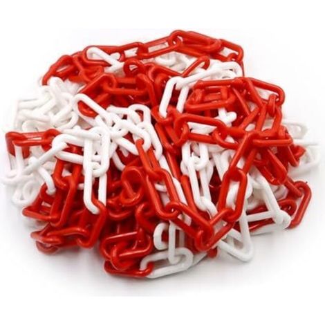 Chaîne de signalisation en plastique rouge et blanc 10 m x 8 mm - Chaîne de signalisation légère et pratique avec 4 crochets en S - Chaîne en plastique pour bloquer les surfaces