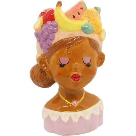 TRADE SHOP - Vaso Portapianta Statua Donna Con Cappello Frutta In Ceramica Colorata 18x15x28hcm 9013632 - (1/2)