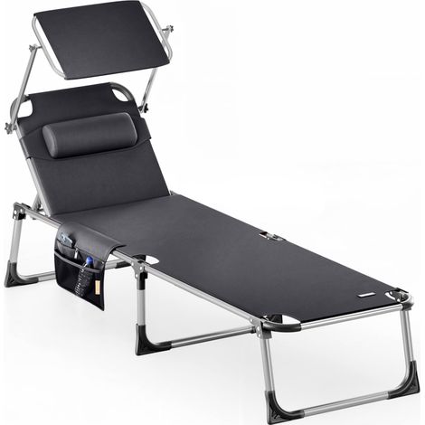 CASARIA® Malta Folding Aluminium Garden Sun Lounger with Canopy Shade 210cm 180kg Capacity Beach Patio Recliner Leisure Sunbed With Plastic Feet & Textile Cover Grey (1/8)