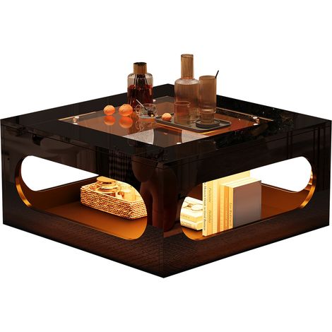 Table basse carrée 70x70x35 cm avec structure ajourée centrale, plateau en verre trempé, table d’appoint LED brillante pour salon, noir, MDF