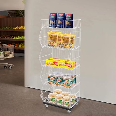 5-Tier White Retail Display Stand Freestanding Metal Shelving Unit with Wheels, Crisp Storage & Snack Organiser, Market Stall Display for Snacks, Sweet, Fruit and Candy (1/5)