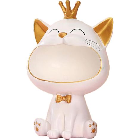 Statue de chat souriant, porte-bonheur, boîte de rangement, décoration pour salon ou couloir, cadeau (blanc). (1/5)