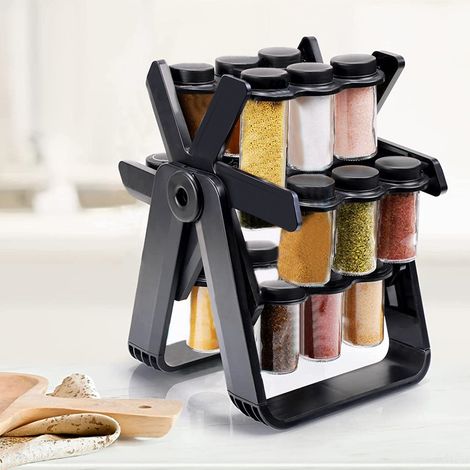 Black Ferris Wheel Spice Rack with 18 Glass Spice Jars (1/5)