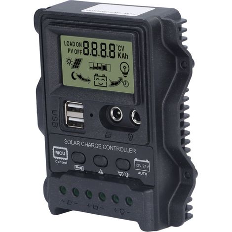 30A 12V/24V PWM-Solarladeregler, Dual-USB-Regler mit LCD-Bildschirm, ABS-Gehäuse, Lichtsteuerungsfunktion, 390W/780W (1/5)