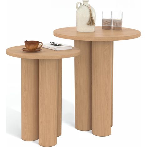 Lot de 2 tables d'appoint rondes, bouts de canapé, tables de chevet ELOISE 35/40 cm bois effet hêtre (1/5)