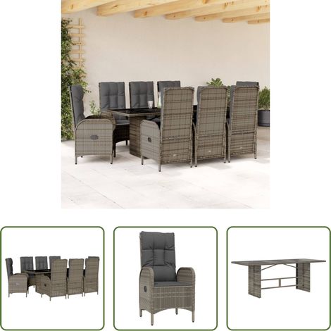 vidaXL Gartenstuhl -  9-tlg. Garten-Essgruppe mit Kissen Grau Poly Rattan (1/5)