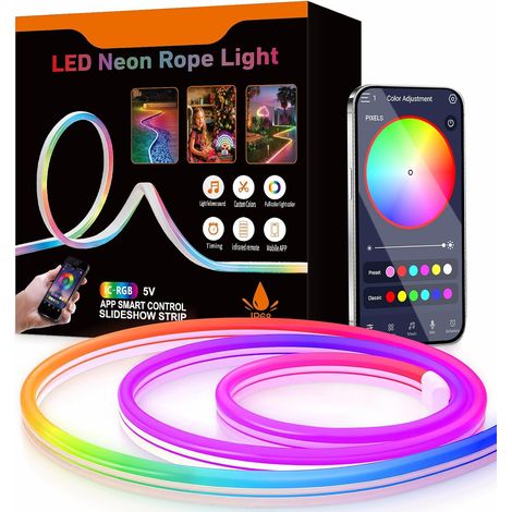 Bande lumineuse néon LED RGB-IC 10m, 5V USB, Bluetooth, bande lumineuse pour mur, bande lumineuse extérieure, contrôle par application, synchronisation de la musique, idéale décoration (1/5)