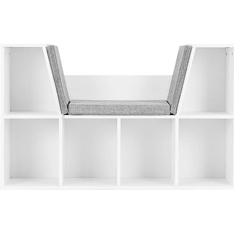 Bücherregal mit Sitzkissen, Aufbewahrungsregal mit 6 Fächern, Leinenoptik, Kleiner Bücherschrank für Wohnzimmer, Schlafzimmer, 105 x 30 x 63 cm, Weiß (1/5)