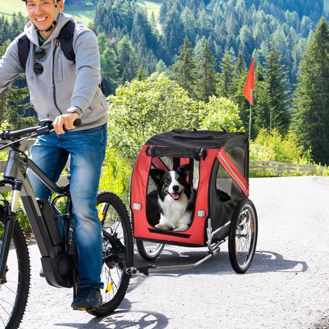 Remorque vélo pour chien animaux 8 réflecteurs drapeau barre attelage inclus acier polyester imperméable max rouge 130l x 73l x 90h cm 30 kg