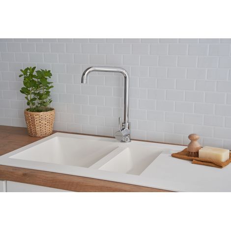 Respekta – Évier à encastrer 1,5 bac en granit minéral blanc 100 x 50 cm – Haute résistance aux chocs et produits chimiques – Pour meuble bas 60 cm
