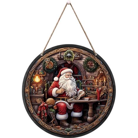 Weihnachtsdekoration aus Holz – Hängender Weihnachtsmann-Kranz (20 x 20 cm) mit Leuchtkasten für Tür oder Wand
