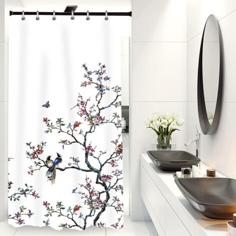 Rideau de douche en tissu résistant à la moisissure pour homme et femme avec 12 crochets Motif oiseau Blanc 90 x 180 cm