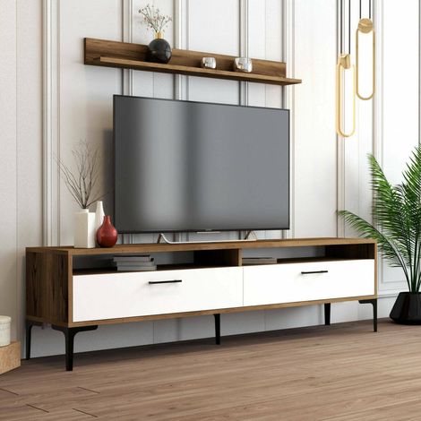 Dmora - Wohnzimmermöbel Edasich, Modulares Wohnzimmerset, Mehrzweck-Wohnzimmermöbel, Moderner TV-Schrank, 180x35h47 cm, Walnuss und Weiß, mit verstärkter Verpackung (1/5)