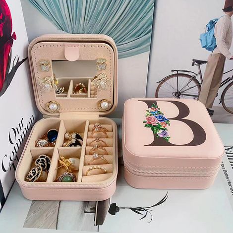 Boîte Bijoux Voyage Personnalisée A-Z avec Miroir, Rangement Portable (1/5)