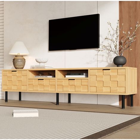 Meuble TV bas 200x35x44,5 cm avec 2 tiroirs, 2 portes et 2 niches ouvertes, MDF et panneaux de particules naturel (1/5)
