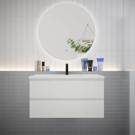 Meuble de salle de bain à 2 tiroirs avec lavabo et miroir rond multifonctionnel LED - blanc L.100cm suspendu (1/5)