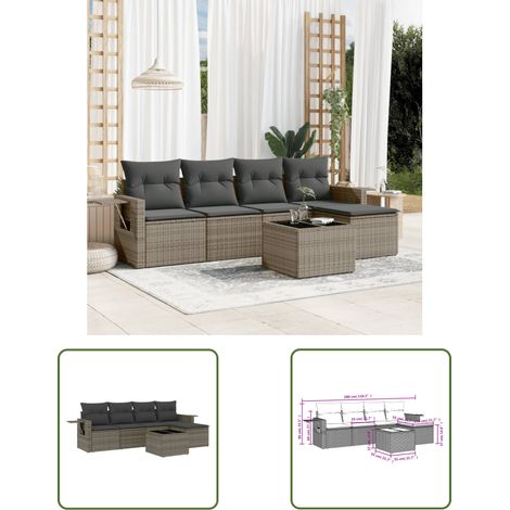 Canapé extérieur avec rangement - vidaXL Salon de jardin 6 pcs avec coussins gris résine tressée - Canapé extérieur gris (1/3)