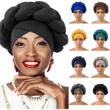 Accessorio per capelli a fascia, parrucca con trecce intrecciate pre-annodate, foulard/cappello per donna e ragazza, nero. (1/3)