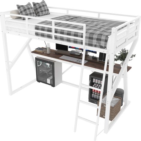 Cama alta infantil 90x200 cm con escritorio, LED multicolor, escalera, barandillas y estructura de metal y MDF, sin colchón, blanca, ideal para dormitorio juvenil  CHICFURN (1/5)