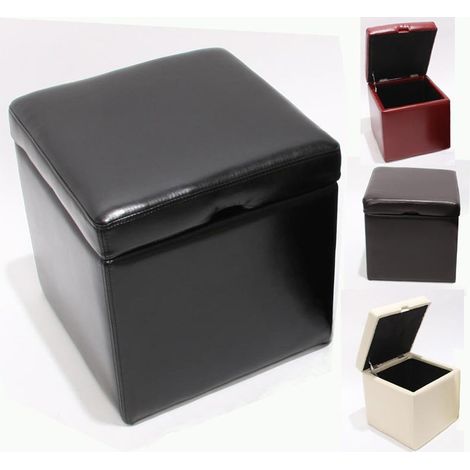 Pouf tabouret cube-coffre Onex, cuir, 45x44x44cm, noir