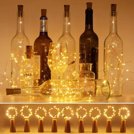 (9 piezas) Guirnalda de luces LED de 2 m con 20 luces para botellas, funciona con pilas, para exteriores/interiores. Luces LED para botellas, decoración para fiestas, jardines, Navidad, bodas, luz bla (1/5)