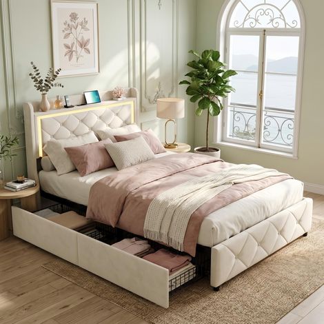 Lit Enfant 90x190 cm avec 2 tiroirs, sommier à lattes – Éclairage LED et USB, revêtement velours – Design élégant, Beige