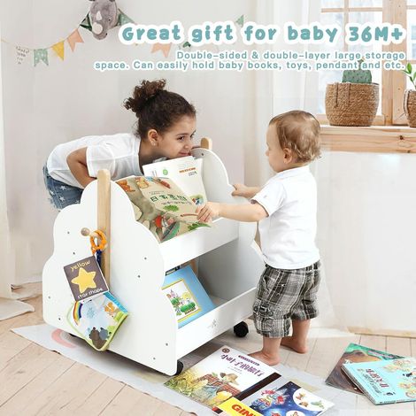Hofuton Bibliothèque pour Enfants en Forme d'Arbre Adorable avec 4 Compartiments, Roues Universelles, Etagère de Rangement à 2 Niveaux avec Coins Arrondis, Blanc (1/5)