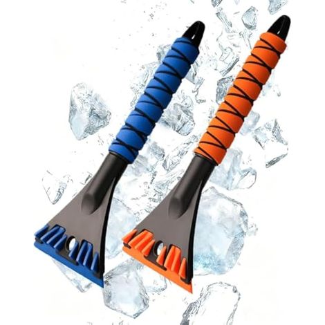 Grattoir à glace pour pare-brise de voiture, efficace et sans rayures, neige et givre, pour voiture, SUV, camion, pare-brise et vitres, bleu et orange hiver (2 pièces) (1/4)