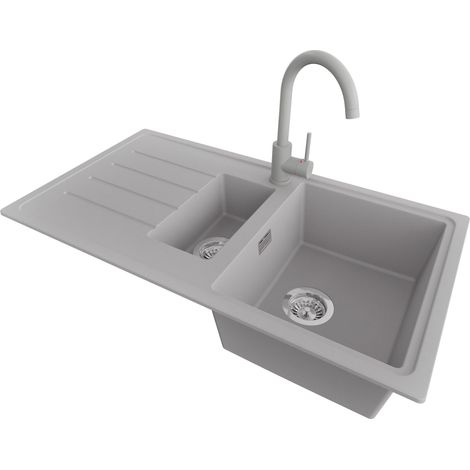 PRIMAGRAN Evier Cuisine en Granit 90x50cm,Lavabo 1,5 bacs + Robinet 32x20cm + Kit de Vidage, Évier à Encastrer au Meuble 60cm - Copenhague Duo, Gris