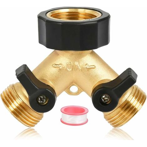 Brass Tap Manifold Garden Hose Splitter Y Valve, 2 Way 3/4" Tap Y Splitter Washing Machine Hose Connector with Individual On/Off Valves, Tap Adaptor for Garden (1/5)