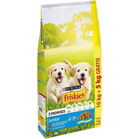 Croquettes Friskies Junior 10+5kg pour chiots, poulet, lait et légumes, offertes