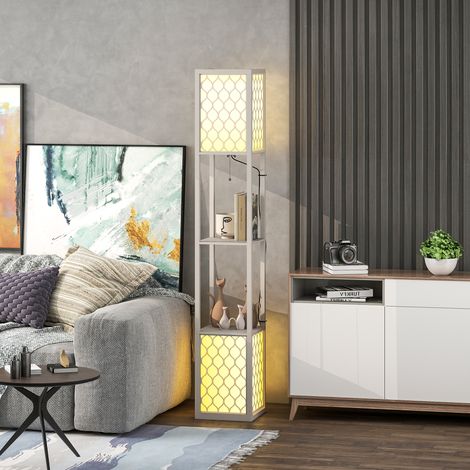 Lampada da terra con mensola, 2 luci, 2 mensole, 4 livelli, MDF grigio con motivo a nido d'ape, 26 x 26 x 156 cm, grigio