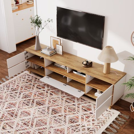 Meuble TV 175x37x51cm Rangement pratique 5 portes MDF blanc et Couleur naturelle (1/5)