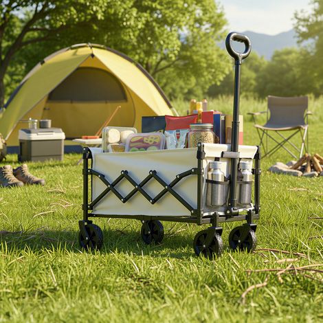 Chariot Pliable, 4 Roues Renforcées, Chariot de Jardin, Grande Capacité 180L, Extérieur, Beige