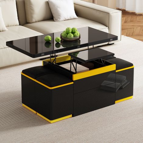 Mesa de centro elevable con 4 taburetes 100 x 50 x 43 cm color negro y amarillo (1/5)