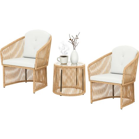 Ensemble bistro rotin 3 pièces table ronde verre + fauteuils coussins blanc crème