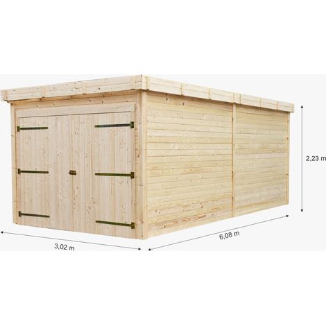 HABRITA Garage bois massif 16,24 m² madriers 28 mm - toit acier - double porte