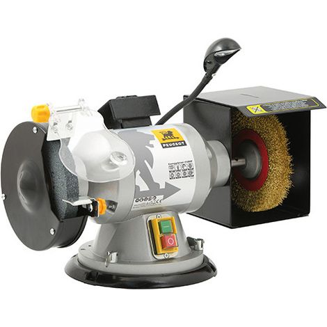 FP – Touret à meuler pivotant 350W – Meule sèche Ø150mm – Brosse en laiton Ø150mm – Éclairage LED orientable – Interrupteur de sécurité