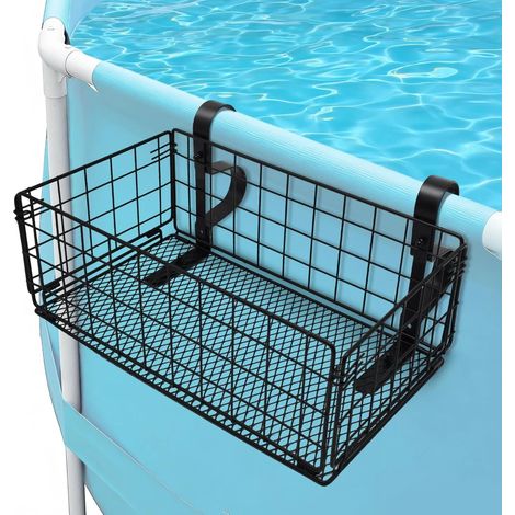 Panier de rangement pliable en métal ajouré pour piscine hors sol, idéal pour ranger jouets, serviettes et boissons. (1/5)
