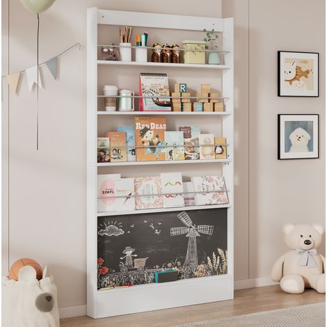 Schmales Kinderregal mit 4 Ebenen und Tafel, 100 x 10 x 180 cm, Weiß, Metall und MDF (1/5)