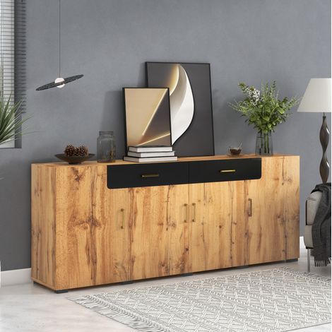 Buffet en panneaux de particules marron 208 x 39,5 x 80 cm avec 4 portes, 2 tiroirs et 8 pieds (1/5)