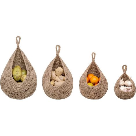 Lot de 4 paniers de rangement suspendus en forme de larme en jute tissé à la main pour garde-manger, panier de fruits et légumes à suspendre Boho (1/5)