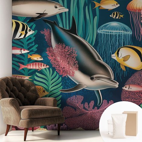 Papier peint intissé pour salon chambre à coucher peint imprimé Installation facile - Colle incluse gratuite Faune sous-marine 250x250 cm (1/5)