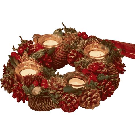 33cm Red Christmas Bauble Quartet Candle Holder with Pinecones and Berries (1/2)