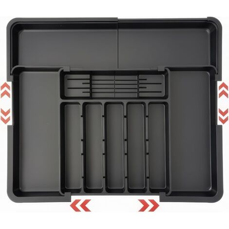 Vassoio portaposate nero, vassoio portaposate espandibile, organizer per posate da cassetto cucina con 2 blocchi portacoltelli rimovibili e 9 scomparti, vassoio portaposate espandibile (1/5)
