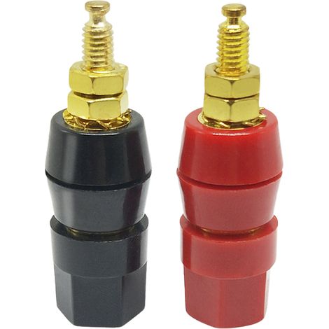 Bornier M5 50 en cuivre pur plaqué or, prise haut-parleur 5 mm, prise banane 4 mm, borne hexagonale pour amplificateur audio. Deux bornes en cuivre pur, noires et rouges. (1/3)