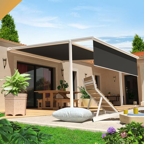 Pérgola lona FINISTERRE 4,00x3,00 M Motorizada con mando a distancia + Maniobra manual de emergencia + Cofre LED + Bambalina (Blanco satinado RAL9010 - Gris grafito) (1/4)